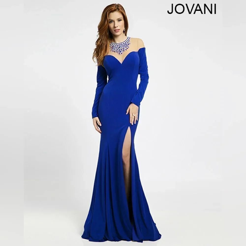 Jovani long sleeve jersey embellished illusion neckline gown size 8 Black NWT